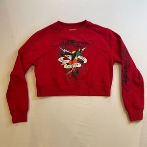 Ed Hardy Women's M Red Cropped Graphic‎ Sweatshirt Long Sleeve Casual